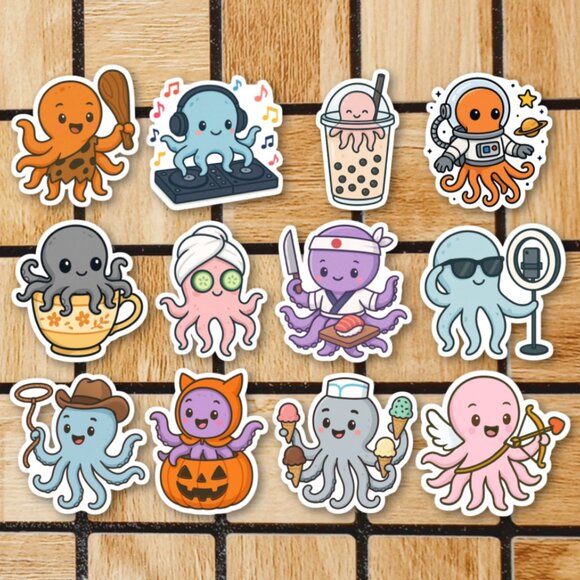 Octopi Octopus Sticker Pack of 12 Vinyl Stickers Waterproof Cute Sticker Set - Picture 1 of 4